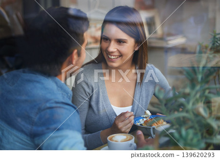 Smile, love and couple eating in cafe, drinking coffee and bonding together on valentines day date in the morning. Happy, man and woman in restaurant with breakfast espresso, food and conversation Smile, love and couple eating in cafe, drinking coffee and bonding together on valentines day date in the morning. Happy, man and woman in restaurant with breakfast espresso, food and conversation 139620293