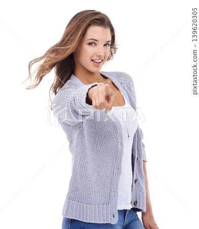 Portrait, woman and pointing to you in studio for choice, decision and vote for winner on white background. Model, recruitment and hiring emoji for attention, accountability and invitation to join us Portrait, woman and pointing to you in studio for choice, decision and vote for winner on white background. Model, recruitment and hiring emoji for attention, accountability and invitation to join us 139620305