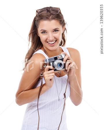 Happy woman, photographer and portrait with retro camera for creative media, content creation and paparazzi magazine in studio on white background. Journalist, photography and lens for art production Happy woman, photographer and portrait with retro camera for creative media, content creation and paparazzi magazine in studio on white background. Journalist, photography and lens for art production 139620355
