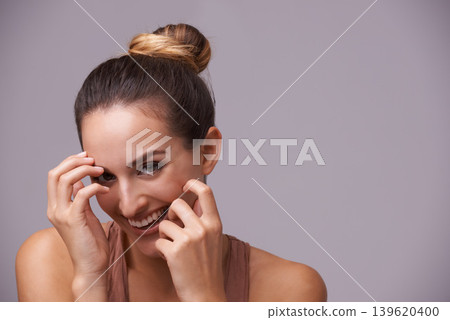 Portrait, space or happy woman laughing with natural beauty in studio with funny joke with mockup. Face, skincare or female model enjoying comedy or humor on purple background with smile or wellness 139620400