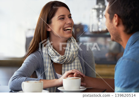 Relax couple, coffee shop and woman laughing over funny joke, conversation or romantic date in diner, cafe or restaurant. Relationship humour, comedy and cafeteria people bonding over espresso drinks Relax couple, coffee shop and woman laughing over funny joke, conversation or romantic date in diner, cafe or restaurant. Relationship humour, comedy and cafeteria people bonding over espresso drinks 139620514