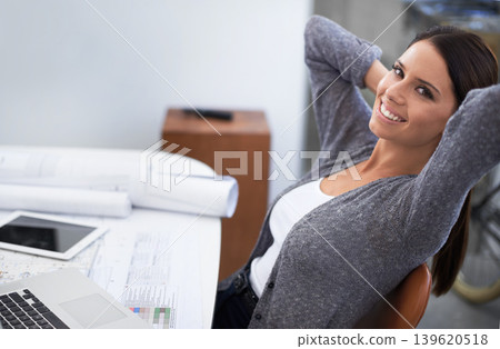 Happiness, portrait and relax woman with office wellness, rest and stress relief after architecture design job. Smile, finish and professional architect leaning on chair, happy and done with project 139620518