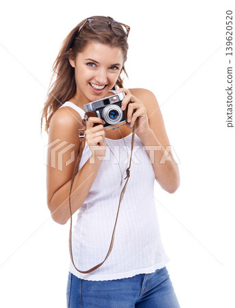Photography, happy woman and portrait with retro camera in studio for photoshoot, content creation or paparazzi magazine on white background. Journalist, photographer and lens for artistic production Photography, happy woman and portrait with retro camera in studio for photoshoot, content creation or paparazzi magazine on white background. Journalist, photographer and lens for artistic production 139620520