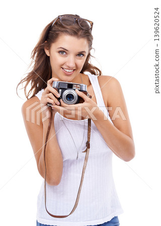 Photographer, woman and portrait with retro camera in studio for photoshoot, content creation and paparazzi magazine on white background. Happy journalist, photography or lens for creative production Photographer, woman and portrait with retro camera in studio for photoshoot, content creation and paparazzi magazine on white background. Happy journalist, photography or lens for creative production 139620524