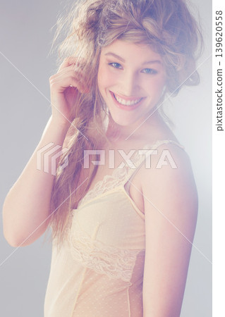 Fantasy, fairy and happy woman with braid, magic and fashion of Aphrodite style with makeup. Glow, beauty and mist with fairytale, goddess and royal hairstyle of a female model with cosmetics 139620558