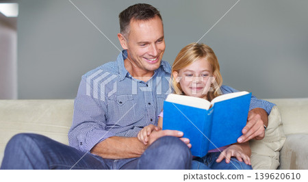 Father, child and reading book for education at home, story and fantasy fiction for learning. Daddy, daughter and bonding together in childhood, literacy and storytelling for language development 139620610