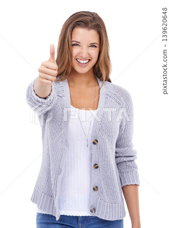 Thumbs up, woman or portrait in studio for success, celebrate achievement or deal on white background. Happy model, emoji or vote for winner, yes feedback and thank you for excellence, review or like Thumbs up, woman or portrait in studio for success, celebrate achievement or deal on white background. Happy model, emoji or vote for winner, yes feedback and thank you for excellence, review or like 139620648