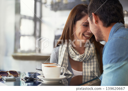 Love, coffee shop and relax couple smile for romantic date, care and happy together in diner, cafe or restaurant. Relationship, hospitality service and cafeteria man, woman or people bond over drinks Love, coffee shop and relax couple smile for romantic date, care and happy together in diner, cafe or restaurant. Relationship, hospitality service and cafeteria man, woman or people bond over drinks 139620667