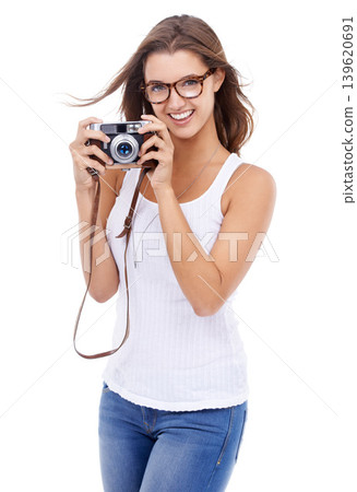 Photographer, portrait or happy woman with retro camera for photoshoot, art blog or creative production in studio on white background. Journalist, photography or content creator of paparazzi magazine Photographer, portrait or happy woman with retro camera for photoshoot, art blog or creative production in studio on white background. Journalist, photography or content creator of paparazzi magazine 139620691