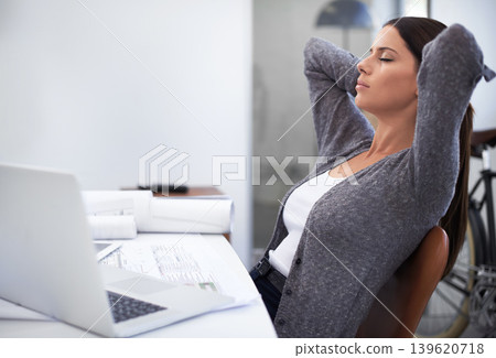 Sleeping, eyes closed and office woman relax for wellness, rest or stress relief after architecture project. Calm mindset, zen and tired architect with mental health break, easy and done with job Sleeping, eyes closed and office woman relax for wellness, rest or stress relief after architecture project. Calm mindset, zen and tired architect with mental health break, easy and done with job 139620718