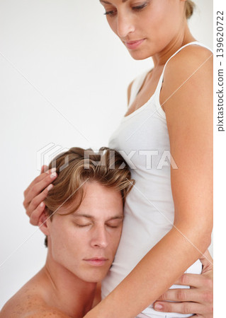 Hug, love and couple in a house with support, trust and comfort, security or loyalty while bonding. Care, marriage and people embrace with understanding, empathy and safety, kindness and solidarity 139620722