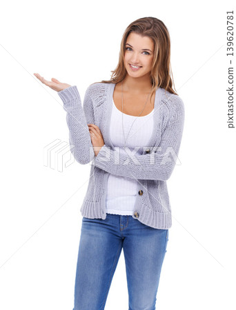 Smile, portrait and woman with hand pointing in studio for announcement, news or checklist on white background. Information, face and female model show promotion, feedback or review, deal or platform Smile, portrait and woman with hand pointing in studio for announcement, news or checklist on white background. Information, face and female model show promotion, feedback or review, deal or platform 139620781