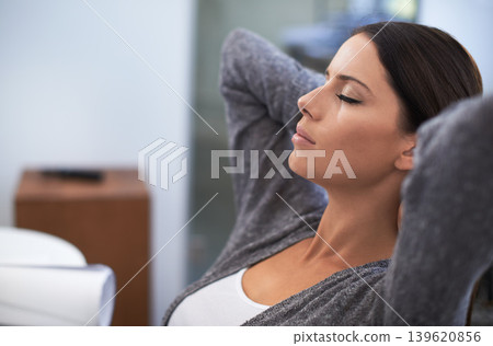 Sleep, relax and face of woman eyes closed for office wellness, rest and dream of stress relief after secretary job. Calm mindset, pause and profile of zen receptionist with mental health break Sleep, relax and face of woman eyes closed for office wellness, rest and dream of stress relief after secretary job. Calm mindset, pause and profile of zen receptionist with mental health break 139620856