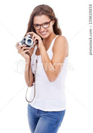Photographer, happy woman and retro camera in studio for creative photoshoot, art blog and media production on white background. Portrait, journalist and photography for content creation of magazine Photographer, happy woman and retro camera in studio for creative photoshoot, art blog and media production on white background. Portrait, journalist and photography for content creation of magazine 139620858