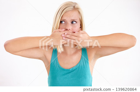 Surprise, secret or woman cover mouth and thinking about announcement in studio on white background. Wow, shocked and girl with wtf, fake news or omg expression for gossip, mistake or crazy news Surprise, secret or woman cover mouth and thinking about announcement in studio on white background. Wow, shocked and girl with wtf, fake news or omg expression for gossip, mistake or crazy news 139620864