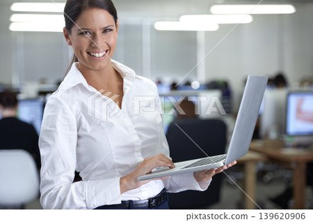 Business woman, portrait and laptop in workspace for information technology, planning and software management. Professional leader or manager on computer for workflow and employees schedule in office Business woman, portrait and laptop in workspace for information technology, planning and software management. Professional leader or manager on computer for workflow and employees schedule in office 139620906
