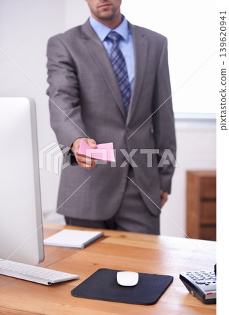 Note, warning and closeup of businessman in the office offer a company paper with information. Legal career, technology and professional male attorney with corporate firing slip in workplace. Note, warning and closeup of businessman in the office offer a company paper with information. Legal career, technology and professional male attorney with corporate firing slip in workplace. 139620941