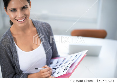 Portrait, office and woman by contact sheet, happiness and creative professional in career in startup. Young designer, face and smile in job pride, editor and confident employee in photography agency Portrait, office and woman by contact sheet, happiness and creative professional in career in startup. Young designer, face and smile in job pride, editor and confident employee in photography agency 139620983