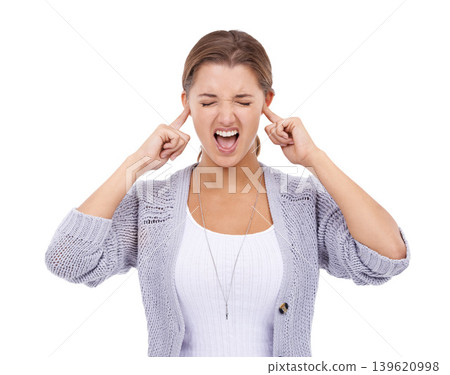Fingers in ears, stress and screaming woman in studio for noise, volume or sensitive on white background. Anxiety, fear and female model with panic attack, gesture or frustrated by tinnitus disaster Fingers in ears, stress and screaming woman in studio for noise, volume or sensitive on white background. Anxiety, fear and female model with panic attack, gesture or frustrated by tinnitus disaster 139620998