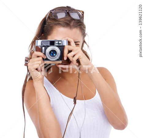 Woman, photographer and retro camera in studio for creative media, content creation and paparazzi magazine on white background. Journalist, photography and lens for art production, blog or photoshoot 139621120
