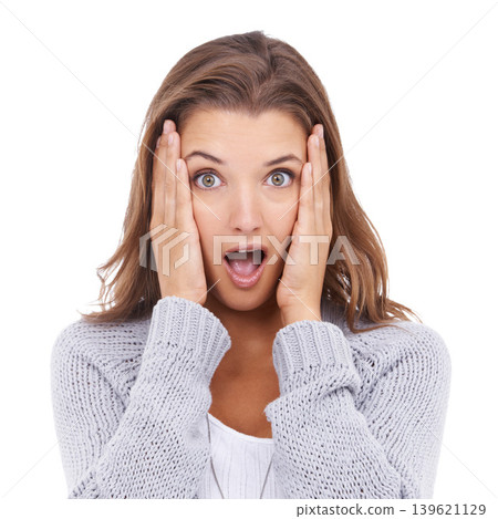 Woman, shock and omg in studio portrait, gossip and information on drama by white background. Female person, surprise and wtf for announcement and secret, promotion and sale or discount and deal 139621129