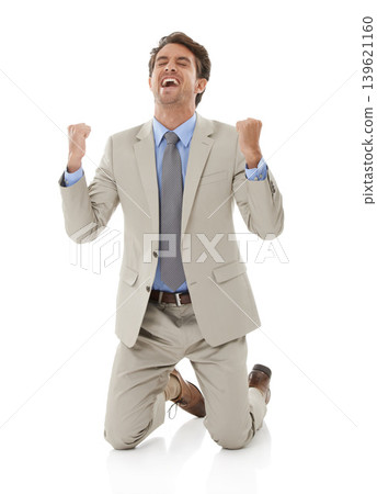 Happy businessman, fist pump and celebration for winning or success against a white studio background. Excited man or employee in relief or satisfaction for bonus, promotion or achievement on mockup 139621160