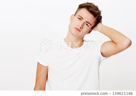 Confused, thinking and portrait of man scratching head in studio with why, asking or unsure on white background. Doubt, face and male model with questions, puzzled or gesture for guess, huh or memory Confused, thinking and portrait of man scratching head in studio with why, asking or unsure on white background. Doubt, face and male model with questions, puzzled or gesture for guess, huh or memory 139621186