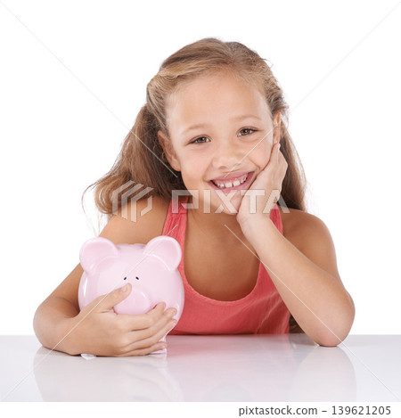 Piggy bank, save money and girl kid in portrait, finance and learning cash management on white background. Budget, growth and investment, young person and financial security for future in studio 139621205