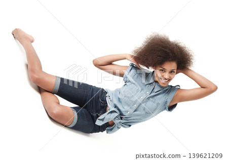 Portrait, fashion and happy African woman in studio isolated on a white background. Smile, model and young girl in pose, jeans and casual clothes for trendy style with confidence in beauty of body Portrait, fashion and happy African woman in studio isolated on a white background. Smile, model and young girl in pose, jeans and casual clothes for trendy style with confidence in beauty of body 139621209