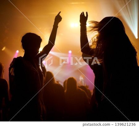 Crowd, dancing and lights concert or silhouette for live music performance or festival, rock or friends. Audience, dj and stage event for celebration rave or band sound as partying, weekend or night Crowd, dancing and lights concert or silhouette for live music performance or festival, rock or friends. Audience, dj and stage event for celebration rave or band sound as partying, weekend or night 139621236