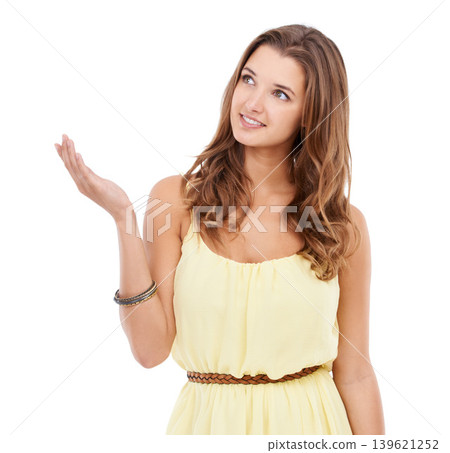 Happy woman, palm or fashion in studio on mockup isolated on white background for sale or promotion. Smile, hand or model with style or space for advertising, presentation or review for clothes deal Happy woman, palm or fashion in studio on mockup isolated on white background for sale or promotion. Smile, hand or model with style or space for advertising, presentation or review for clothes deal 139621252