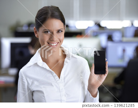 Business woman, phone screen and office presentation for website, contact us and communication in workspace. Portrait or face of professional worker on mobile app space or mockup in public relations Business woman, phone screen and office presentation for website, contact us and communication in workspace. Portrait or face of professional worker on mobile app space or mockup in public relations 139621285