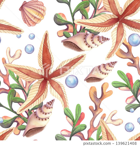 Seamless pattern with seashells and seaweed. Hand drawn watercolor illustration in light beige and orange colors for packaging, wrapping, and fabric design. Seamless pattern with seashells and seaweed. Hand drawn watercolor illustration in light beige and orange colors for packaging, wrapping, and fabric design. 139621408