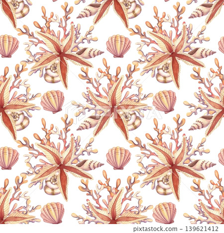 Seamless pattern with starfish and corals. Hand drawn watercolor illustration of the underwater world in light beige and orange colors for packaging, wrapping, and fabric design. Seamless pattern with starfish and corals. Hand drawn watercolor illustration of the underwater world in light beige and orange colors for packaging, wrapping, and fabric design. 139621412