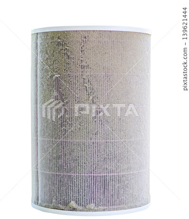 Dirty Cylindrical Air Filter Isolated on White Background. Indoor Air Pollution Concept Dirty Cylindrical Air Filter Isolated on White Background. Indoor Air Pollution Concept 139621444