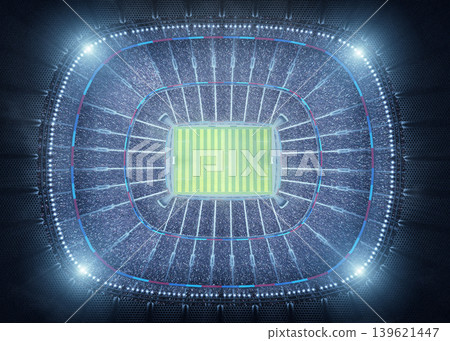 Top view of American Football Stadium at night with empty field. Top view of American Football Stadium at night with empty field. 139621447