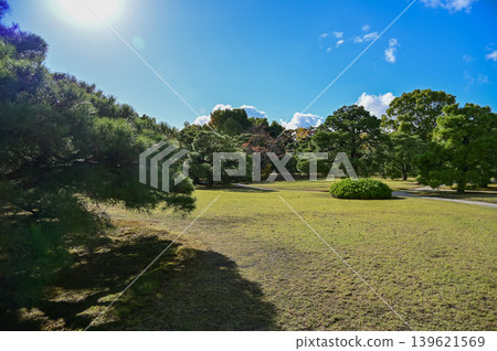 The Japanese garden view of nijo jo castle, Kyoto, Japan. World Heritage Site, Japanese old traditional architecture in Kyoto, Japan. Background landscape of the beauty of Nijo Castle at sunny day. 139621569