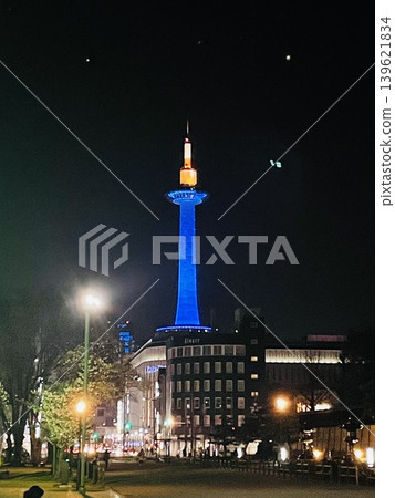 Kyoto Tower, illuminated in blue at night 139621834