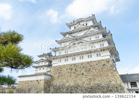 A view of the main keep of Himeji Castle, a national treasure, towering against the blue sky, surrounded by pine trees (Himeji City, Hyogo Prefecture). 139622154