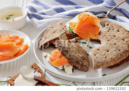 Finnish reikaleipa bread with salmon and cheese Finnish reikaleipa bread with salmon and cheese 139622202