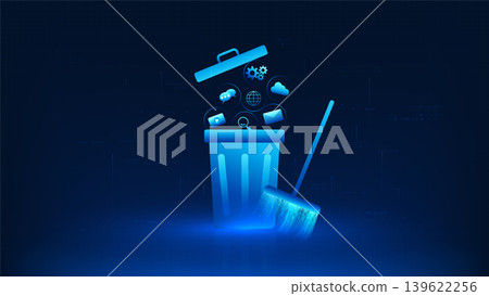 Technology background trash bin with digital icons and a broom symbol above, representing data cleanup, system maintenance, file management, digital organization, cache clearing, data processes. Technology background trash bin with digital icons and a broom symbol above, representing data cleanup, system maintenance, file management, digital organization, cache clearing, data processes. 139622256
