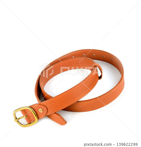Tan Leather Belt with Golden Buckle Isolated on White Background Tan Leather Belt with Golden Buckle Isolated on White Background 139622299