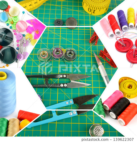 Comprehensive Sewing and Tailoring Tools Collage with Colorful Accessories Comprehensive Sewing and Tailoring Tools Collage with Colorful Accessories 139622307