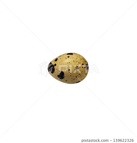 Single quail egg with intricate dark brown and black spots, isolated on a stark white backdrop. 139622326
