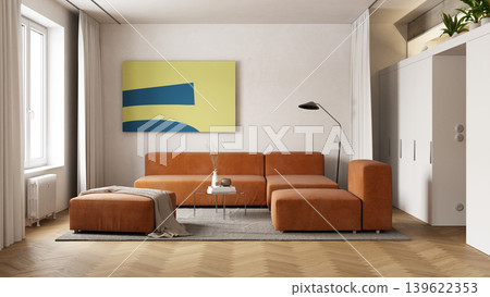 3D render of a modern living room interior. Orange modular sofa and abstract art in private area 139622353