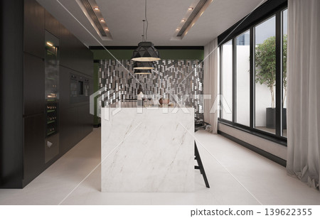 3D render of a modern luxury kitchen interior. White marble island and dark cabinetry 3D render of a modern luxury kitchen interior. White marble island and dark cabinetry 139622355