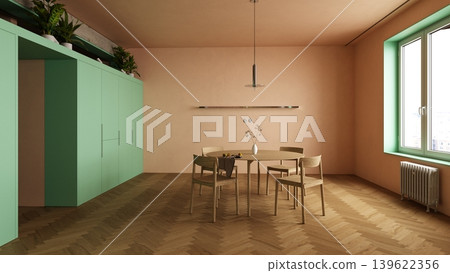 3D render of a minimalist dining room interior. Pastel peach walls and mint green cabinets 3D render of a minimalist dining room interior. Pastel peach walls and mint green cabinets 139622356