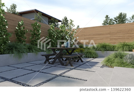 3D render of a modern backyard patio. Wooden picnic table on concrete pavers with landscaping 3D render of a modern backyard patio. Wooden picnic table on concrete pavers with landscaping 139622360