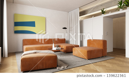 Modern living room interior with orange modular sofa. 3d render of residential architecture Modern living room interior with orange modular sofa. 3d render of residential architecture 139622361