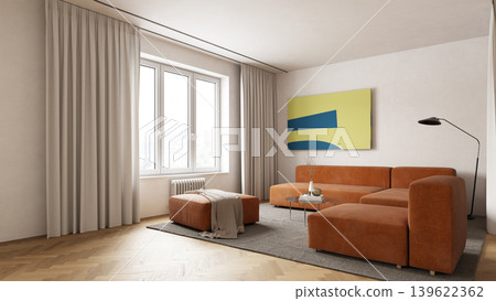 Bright modern living room interior with large window and orange sofa. 3d illustration architecture Bright modern living room interior with large window and orange sofa. 3d illustration architecture 139622362